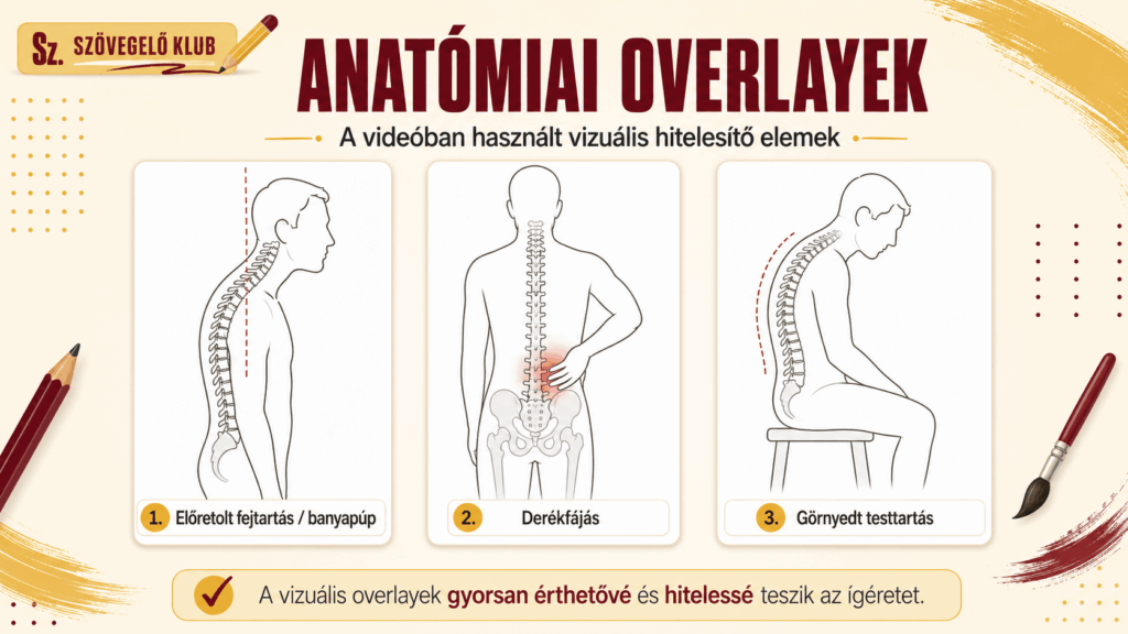 Anatómiai overlayek a virális jógás Reelsben: előretolt fejtartás és banyapúp, derékfájás, görnyedt testtartás – gerinc-rajzok mint vizuális hitelesítő elemek